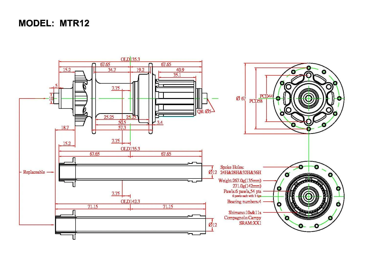 Bitex MTR12 Disc Brake Rear Hub (Silver)
