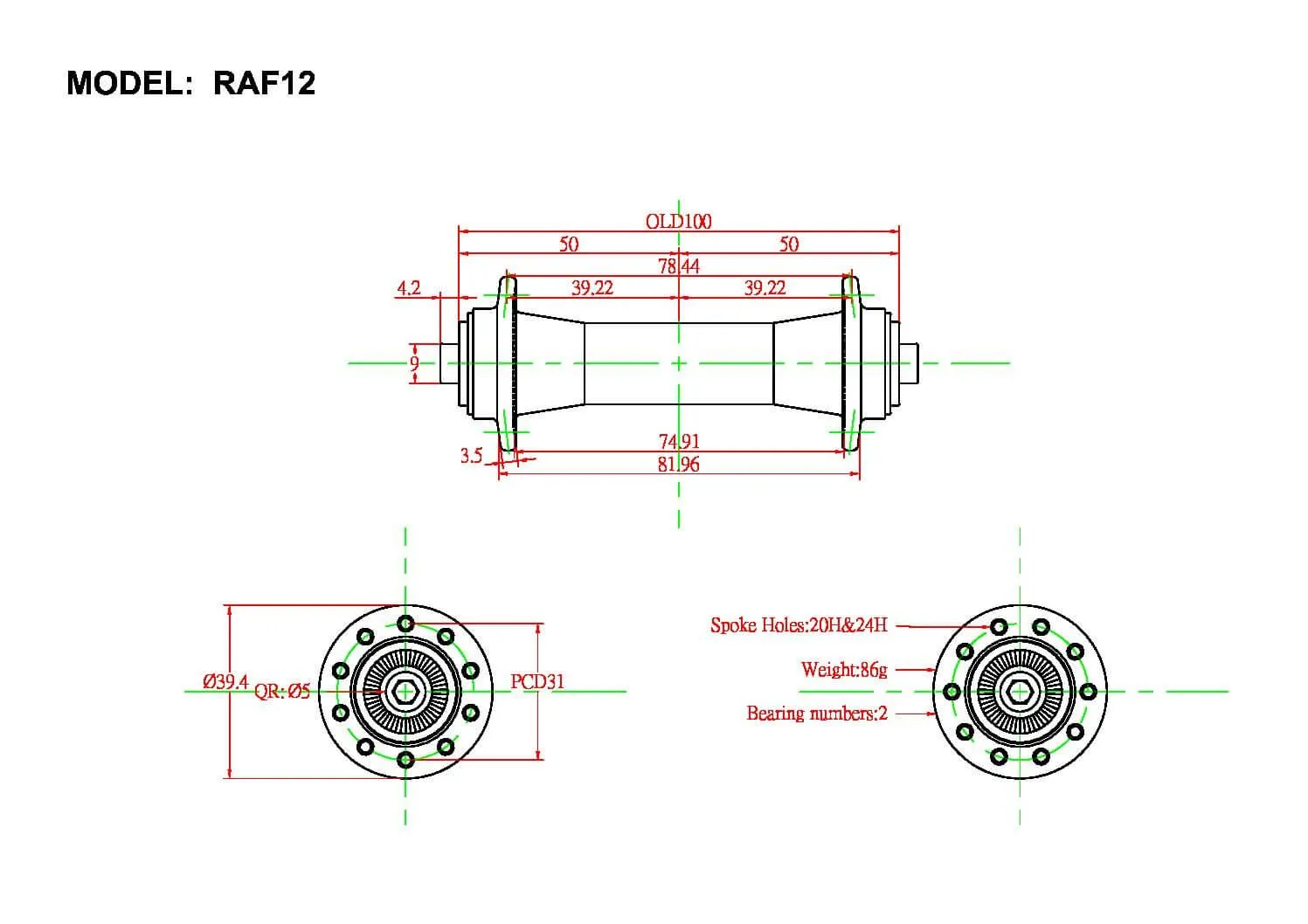Bitex RAF12 Rim Brake Front Hub (Black)