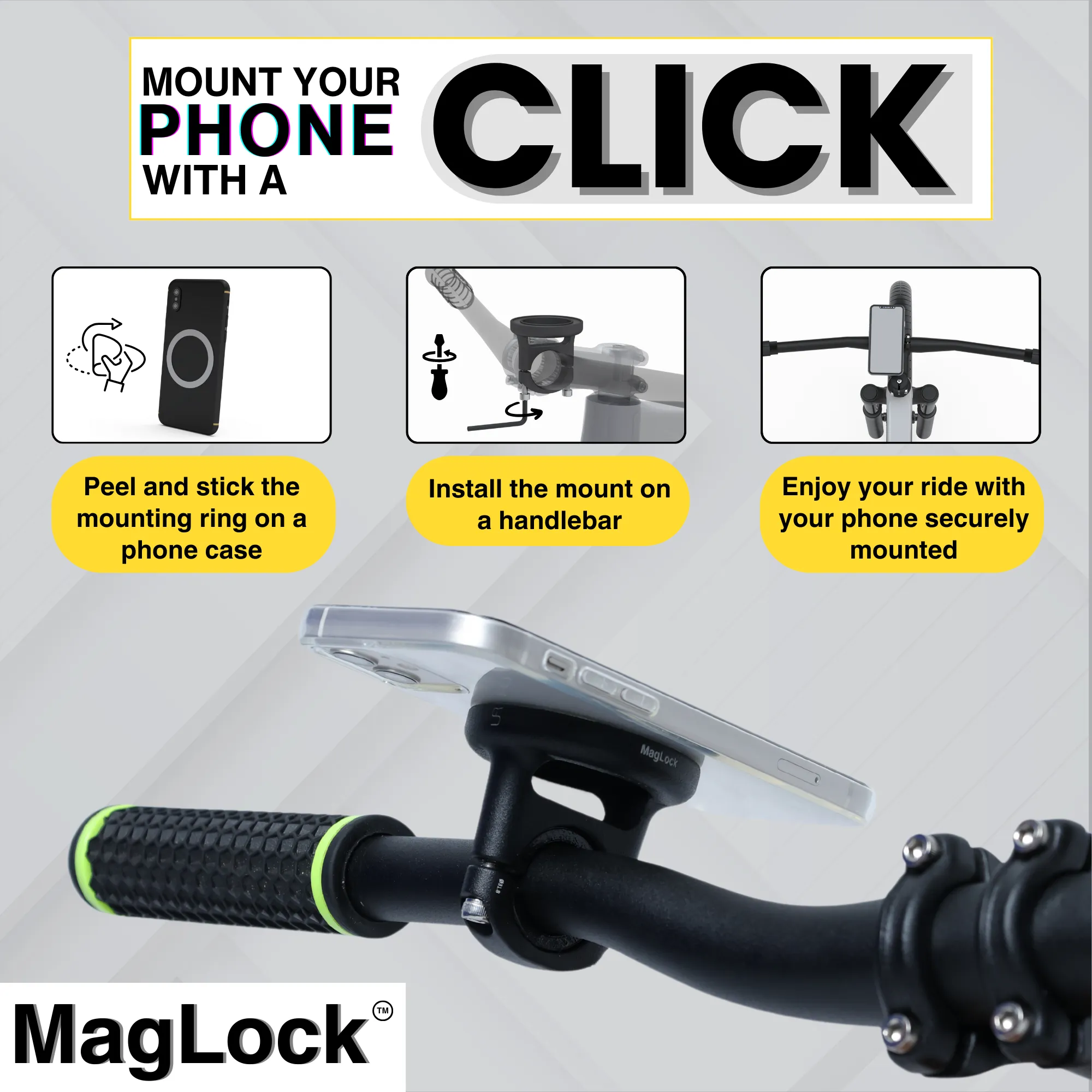 URA MagLock Handlebar Magnetic Phone Mount for Bicycles (Texture Matte Black)