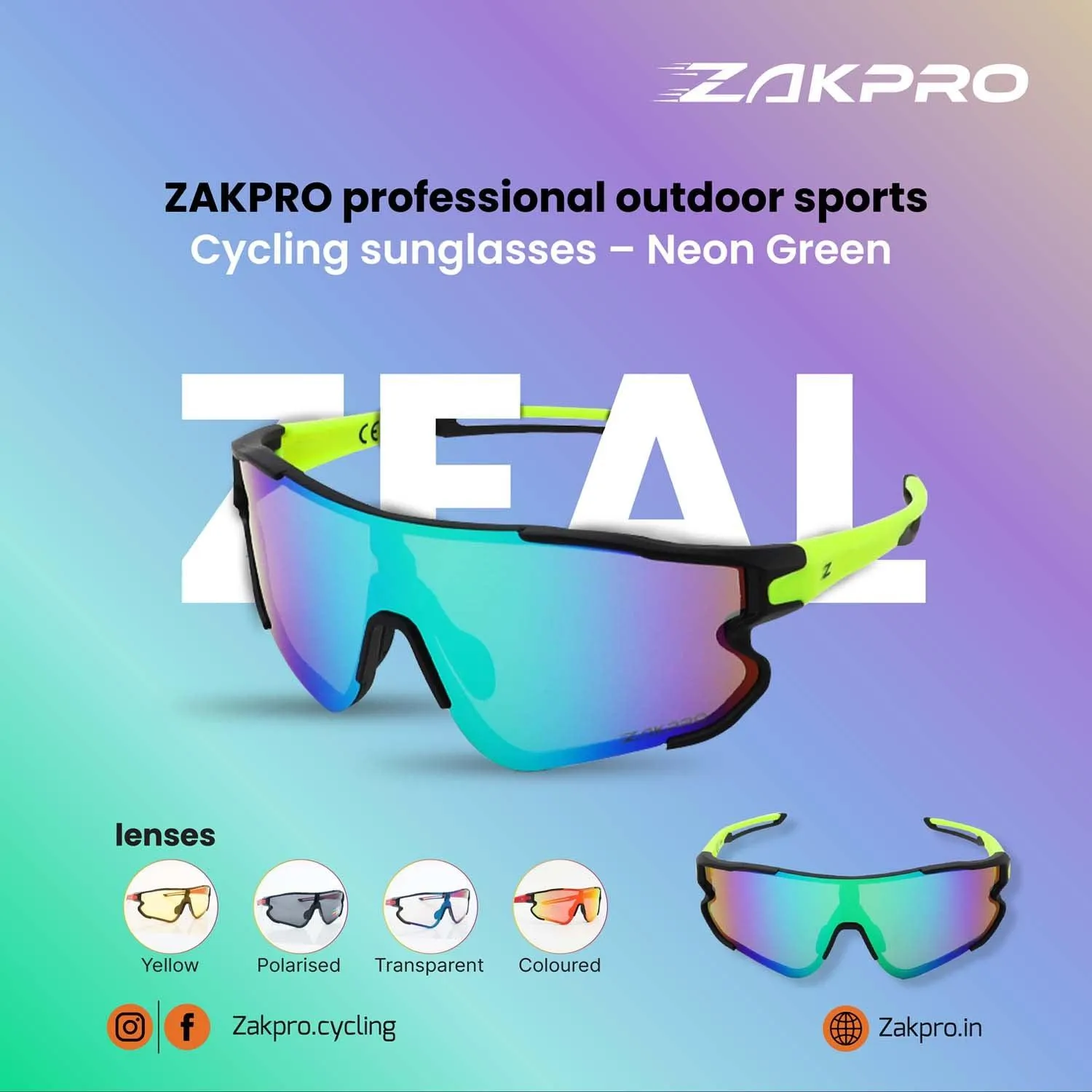 Zakpro Professional Outdoor Sport Sunglasses (Fluorescent Green)